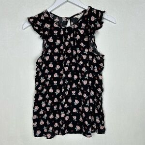 Aeropostale Blouse Women's S Black Floral Ruffle‎ Sleeve Round Neck Flowy
